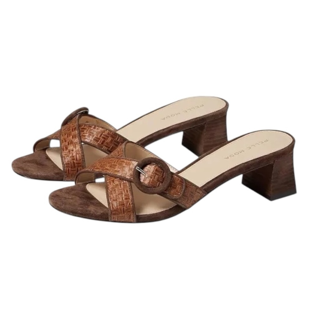 NEW Pelle Moda Thana Brown Woven Leather Suede Crisscross Block Heel Sandals 6.5